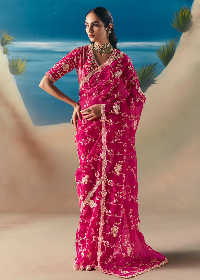 Pink Embroidered Festive Saree