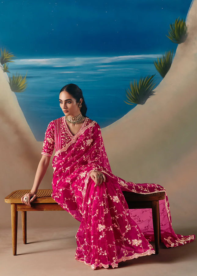 Pink Embroidered Festive Saree