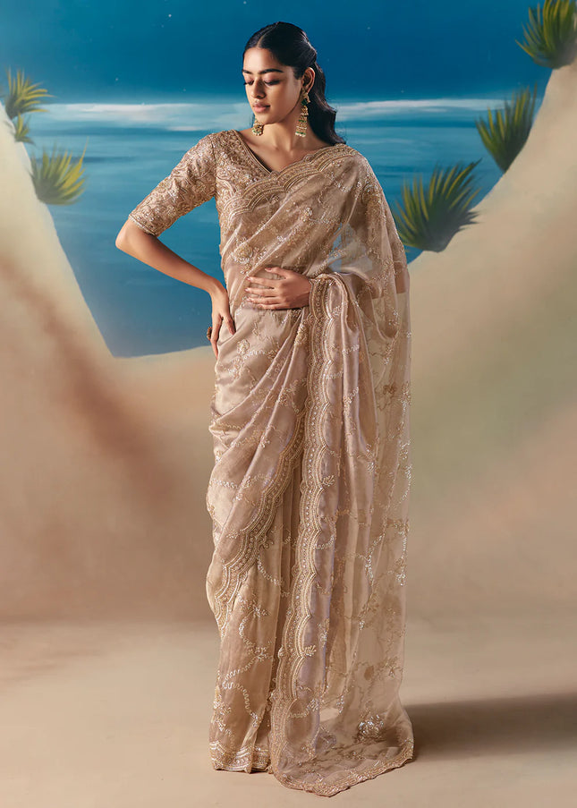 Beige Embroidered Festive Saree