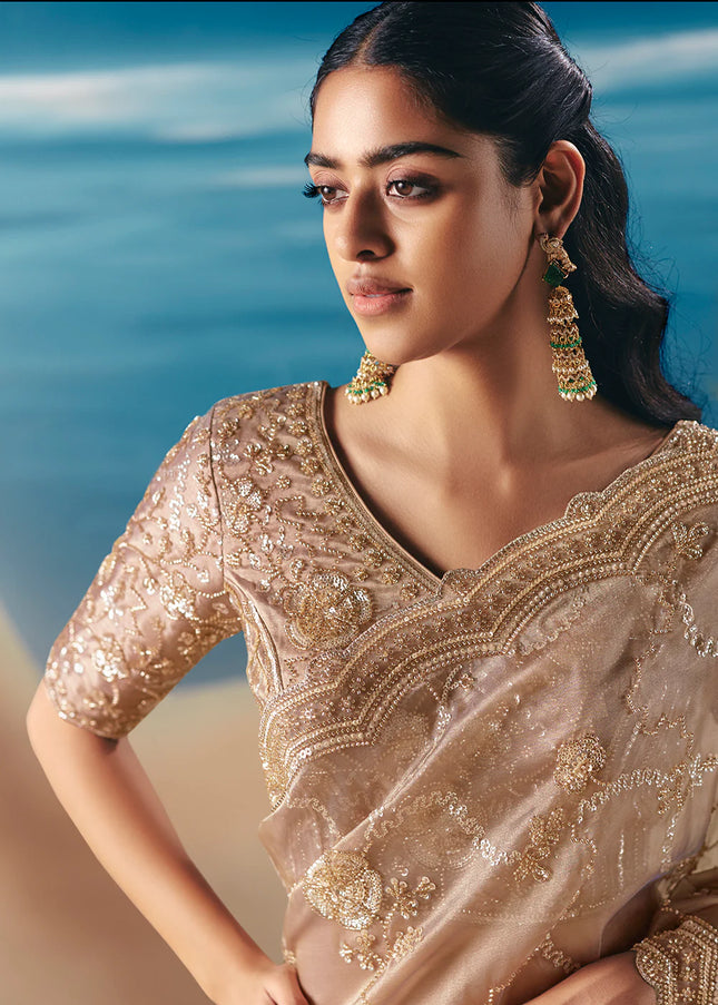 Beige Embroidered Festive Saree