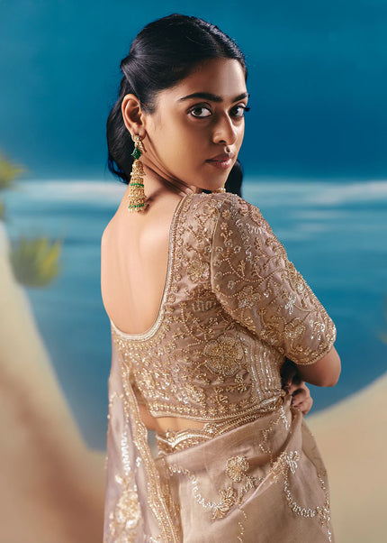 Beige Embroidered Festive Saree