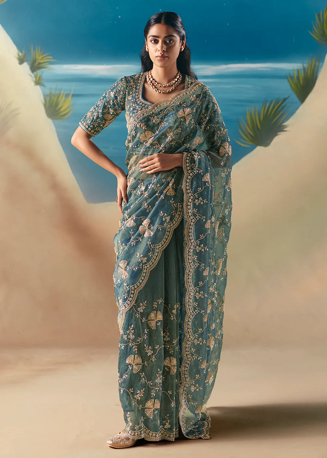 Teal Embroidered Festive Saree