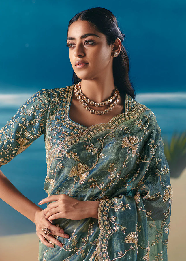 Teal Embroidered Festive Saree