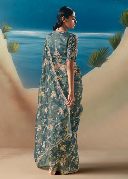 Teal Embroidered Festive Saree