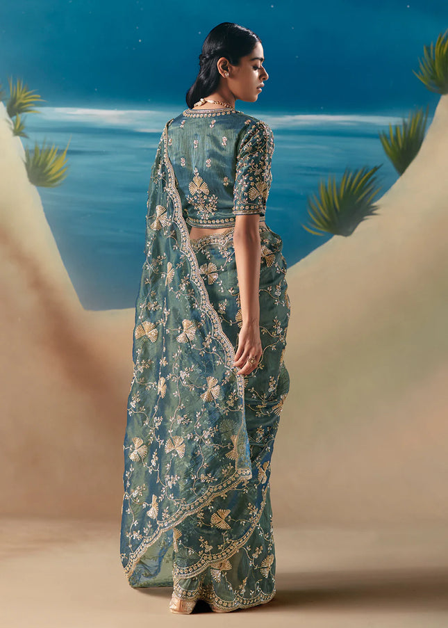 Teal Embroidered Festive Saree
