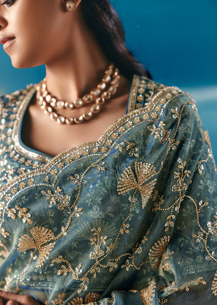 Teal Embroidered Festive Saree