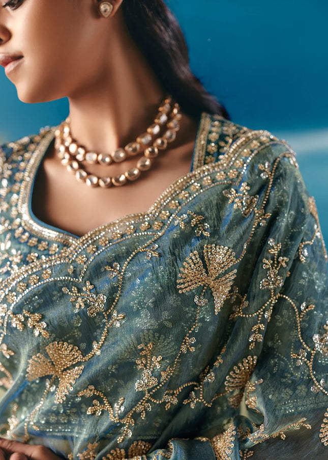 Teal Embroidered Festive Saree