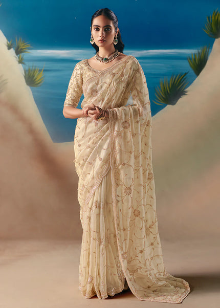 Cream Embroidered Festive Saree
