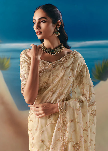 Cream Embroidered Festive Saree