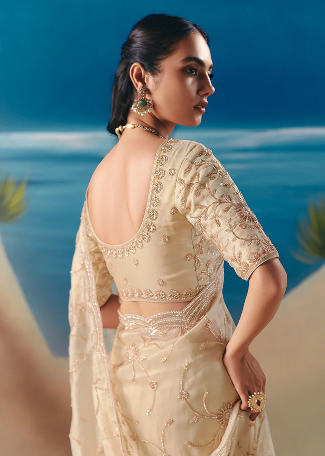 Cream Embroidered Festive Saree