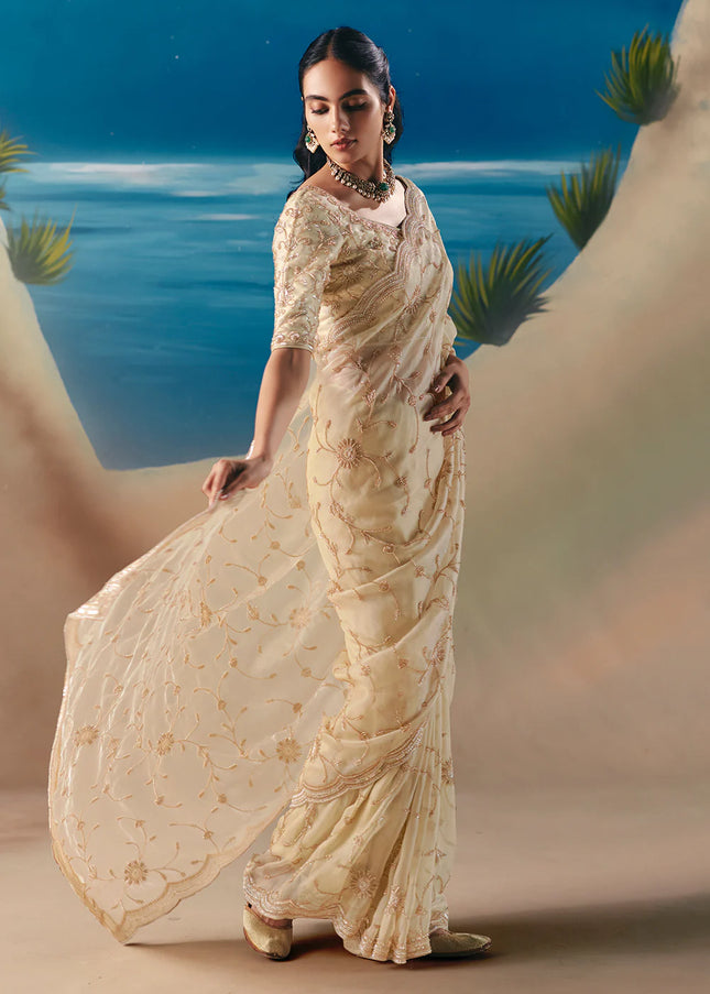Cream Embroidered Festive Saree