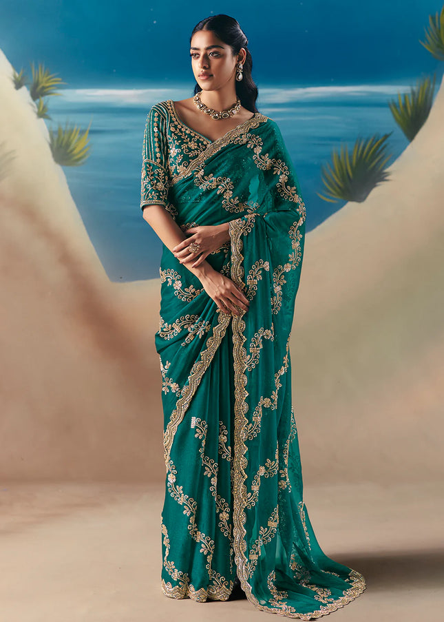 Teal Embroidered Festive Saree