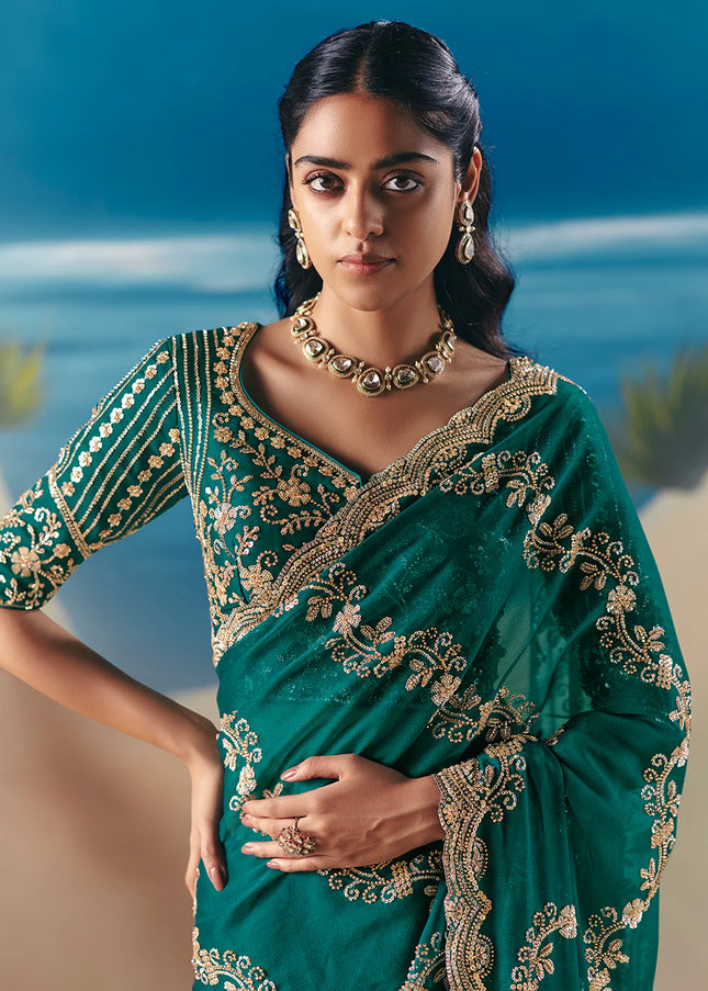 Teal Embroidered Festive Saree