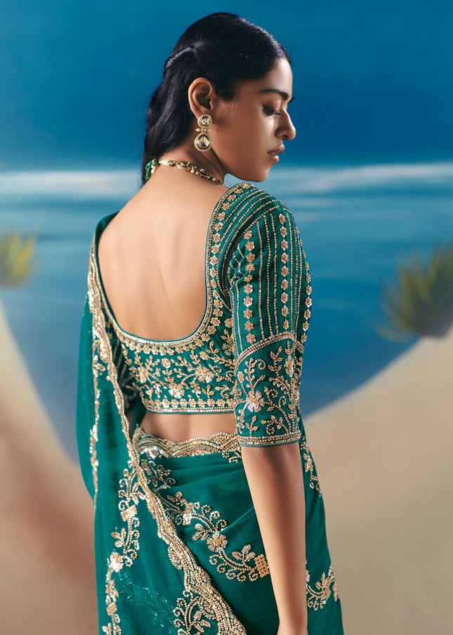 Teal Embroidered Festive Saree
