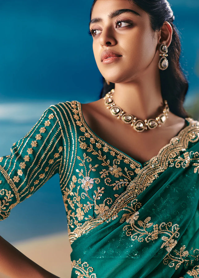 Teal Embroidered Festive Saree