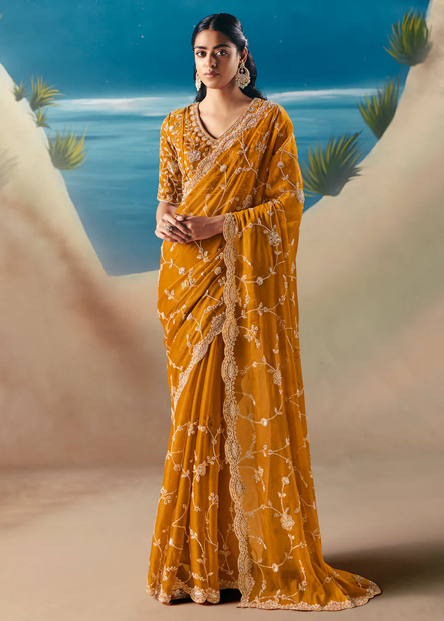 Mustard Yellow Embroidered Festive Saree