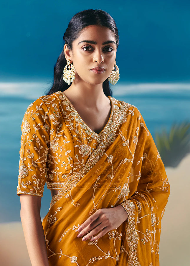 Mustard Yellow Embroidered Festive Saree