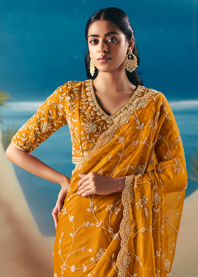 Mustard Yellow Embroidered Festive Saree