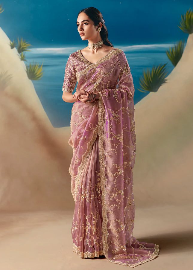 Pink Embroidered Festive Saree