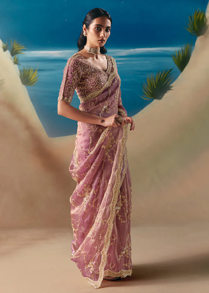 Pink Embroidered Festive Saree