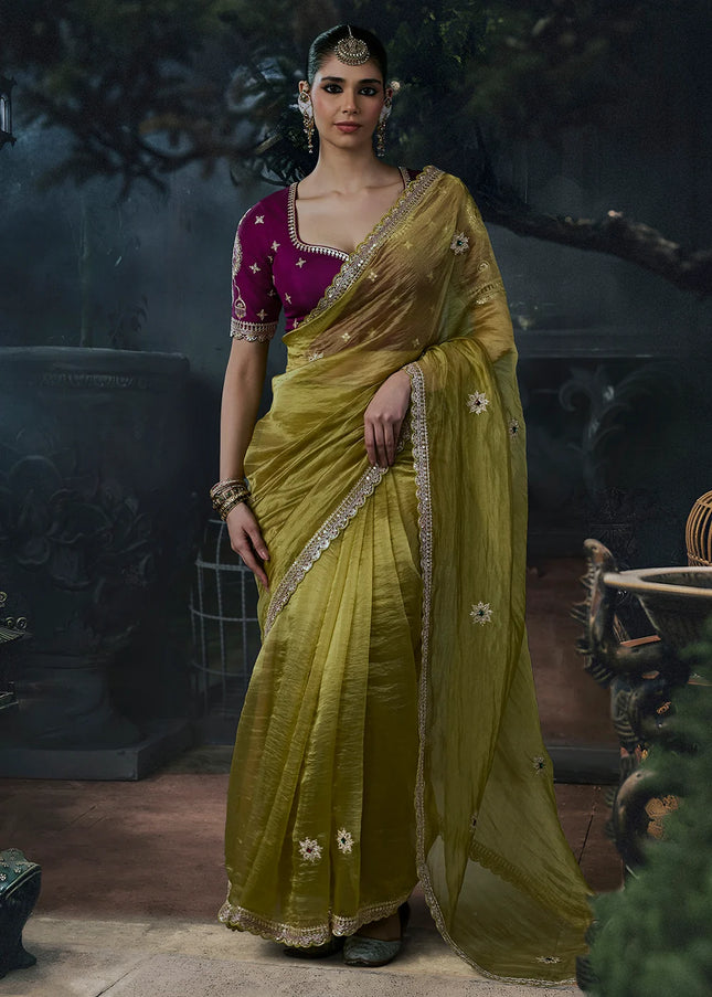 Green and Maroon Embroidered Festive Saree