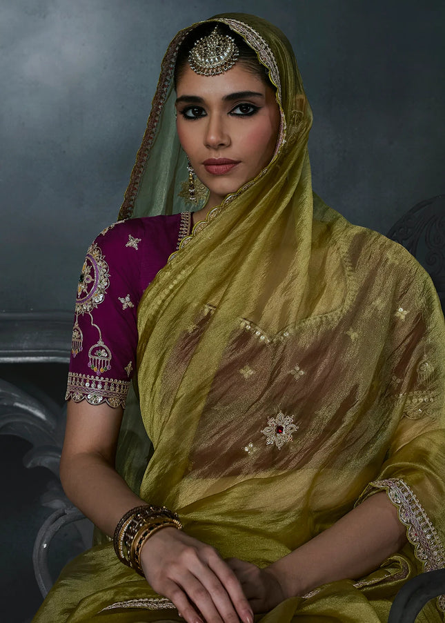 Green and Maroon Embroidered Festive Saree