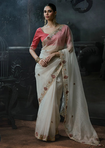 Offwhite and Red Embroidered Festive Saree