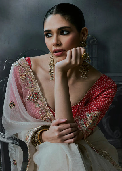 Offwhite and Red Embroidered Festive Saree