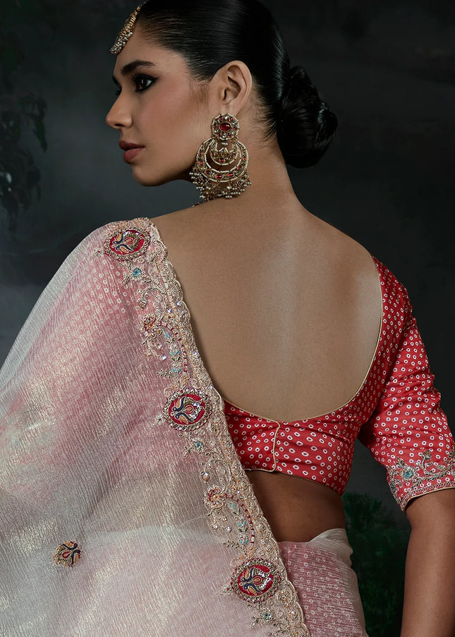 Offwhite and Red Embroidered Festive Saree