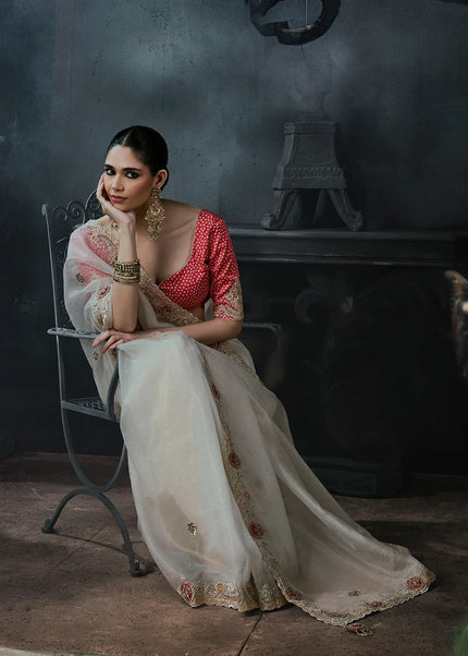Offwhite and Red Embroidered Festive Saree