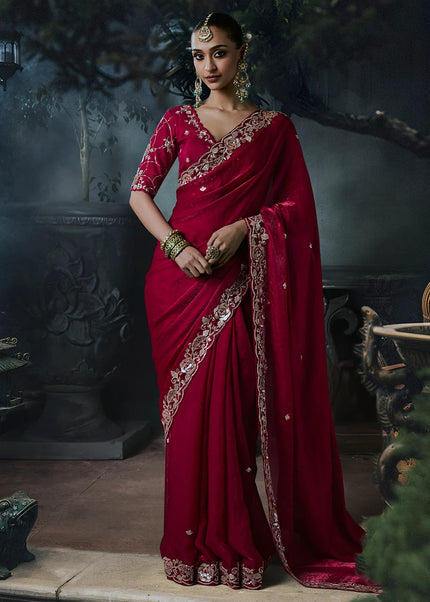 Red Embroidered Festive Saree