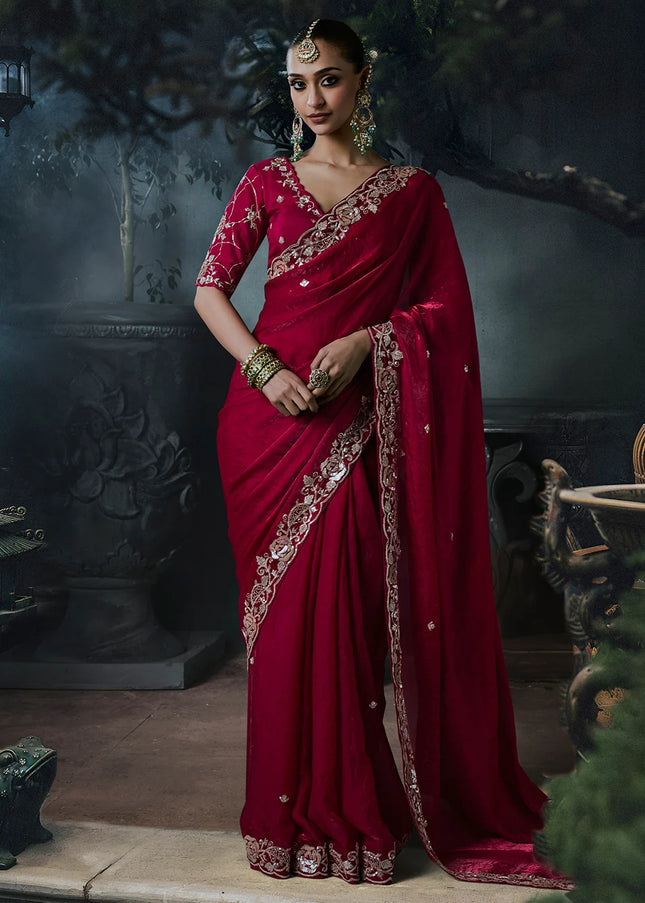 Red Embroidered Festive Saree