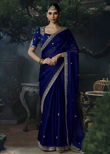 Navy Blue Embroidered Festive Saree