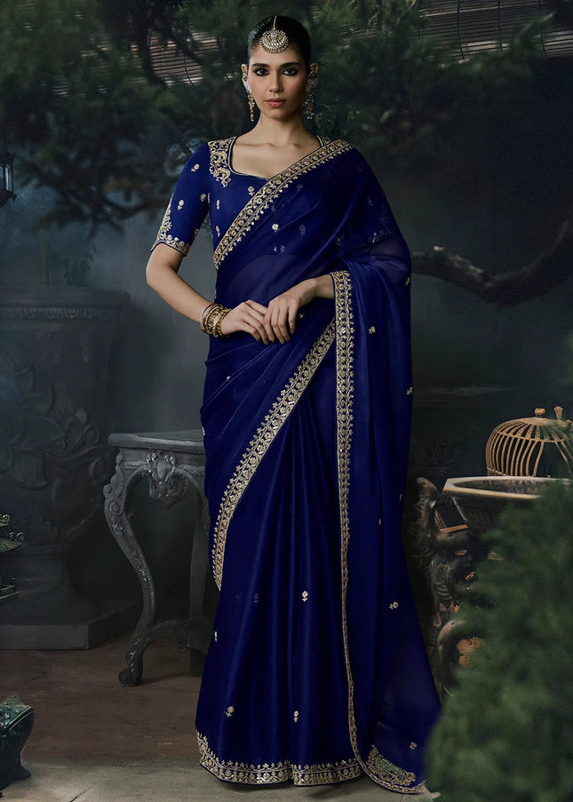 Navy Blue Embroidered Festive Saree