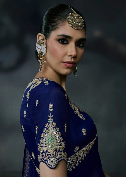 Navy Blue Embroidered Festive Saree