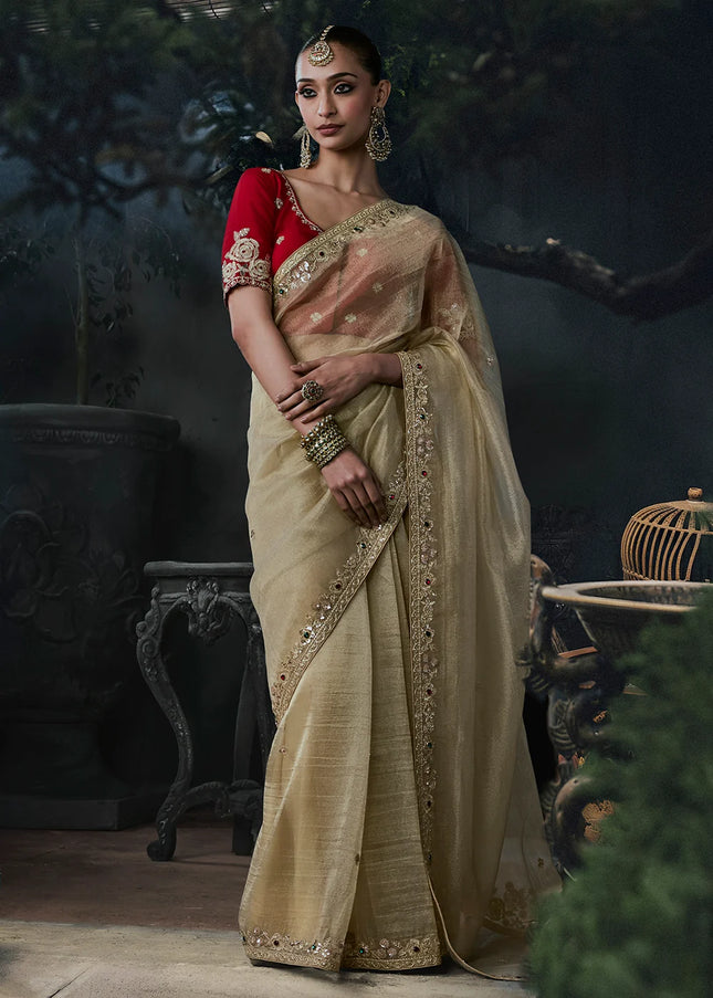 Beige and Red Embroidered Festive Saree