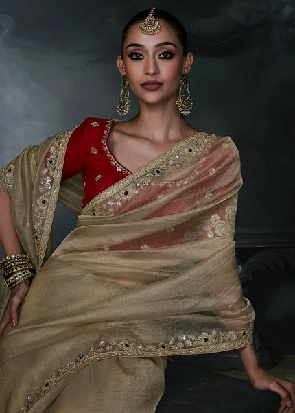 Beige and Red Embroidered Festive Saree
