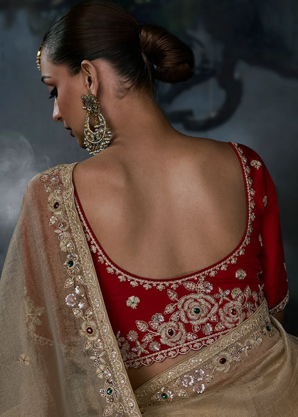 Beige and Red Embroidered Festive Saree