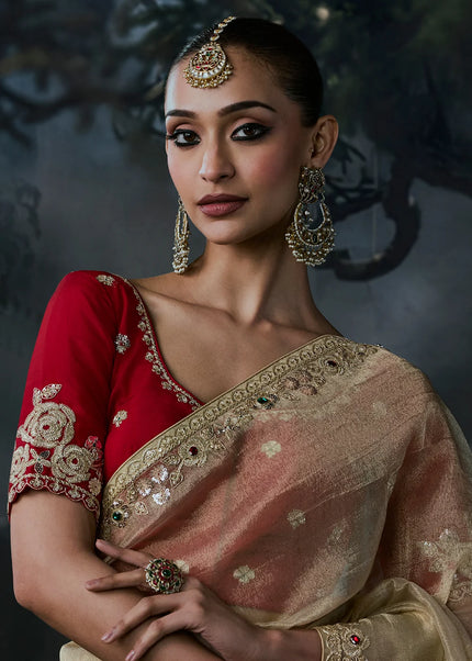 Beige and Red Embroidered Festive Saree