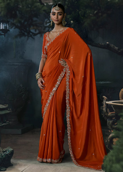 Orange Embroidered Festive Saree