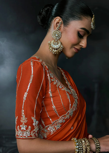 Orange Embroidered Festive Saree