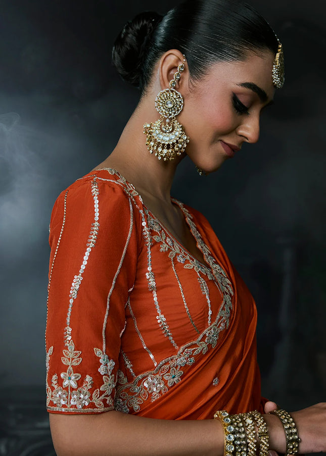Orange Embroidered Festive Saree