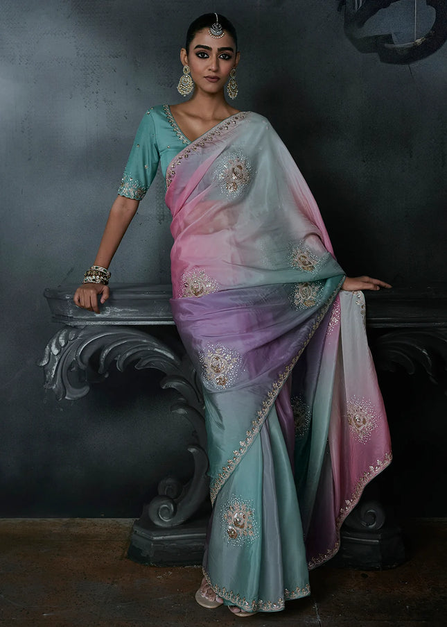 Sky Blue and Pink Embroidered Festive Saree