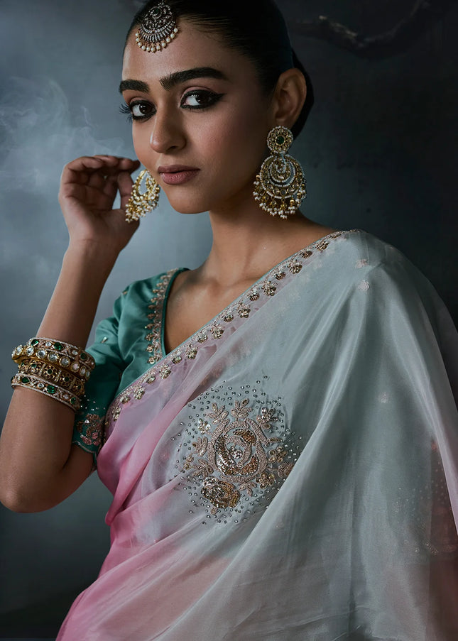 Sky Blue and Pink Embroidered Festive Saree