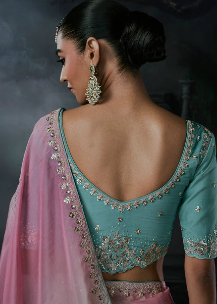 Sky Blue and Pink Embroidered Festive Saree