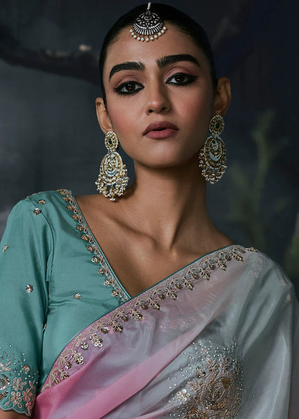 Sky Blue and Pink Embroidered Festive Saree