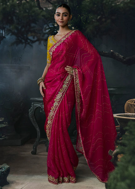 Pink and Yellow Embroidered Festive Saree