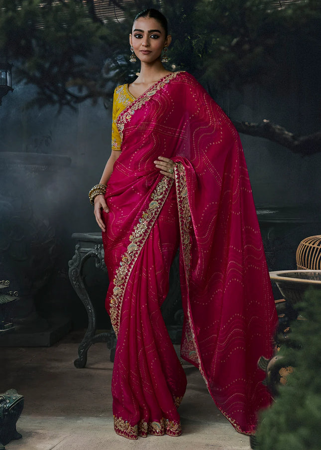 Pink and Yellow Embroidered Festive Saree