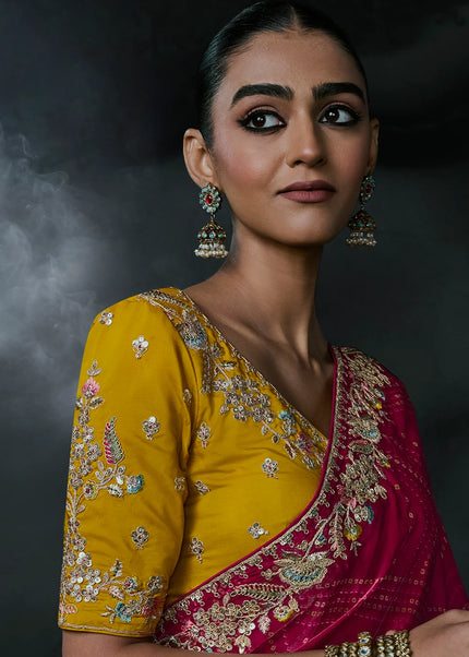 Pink and Yellow Embroidered Festive Saree