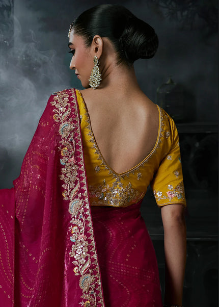 Pink and Yellow Embroidered Festive Saree